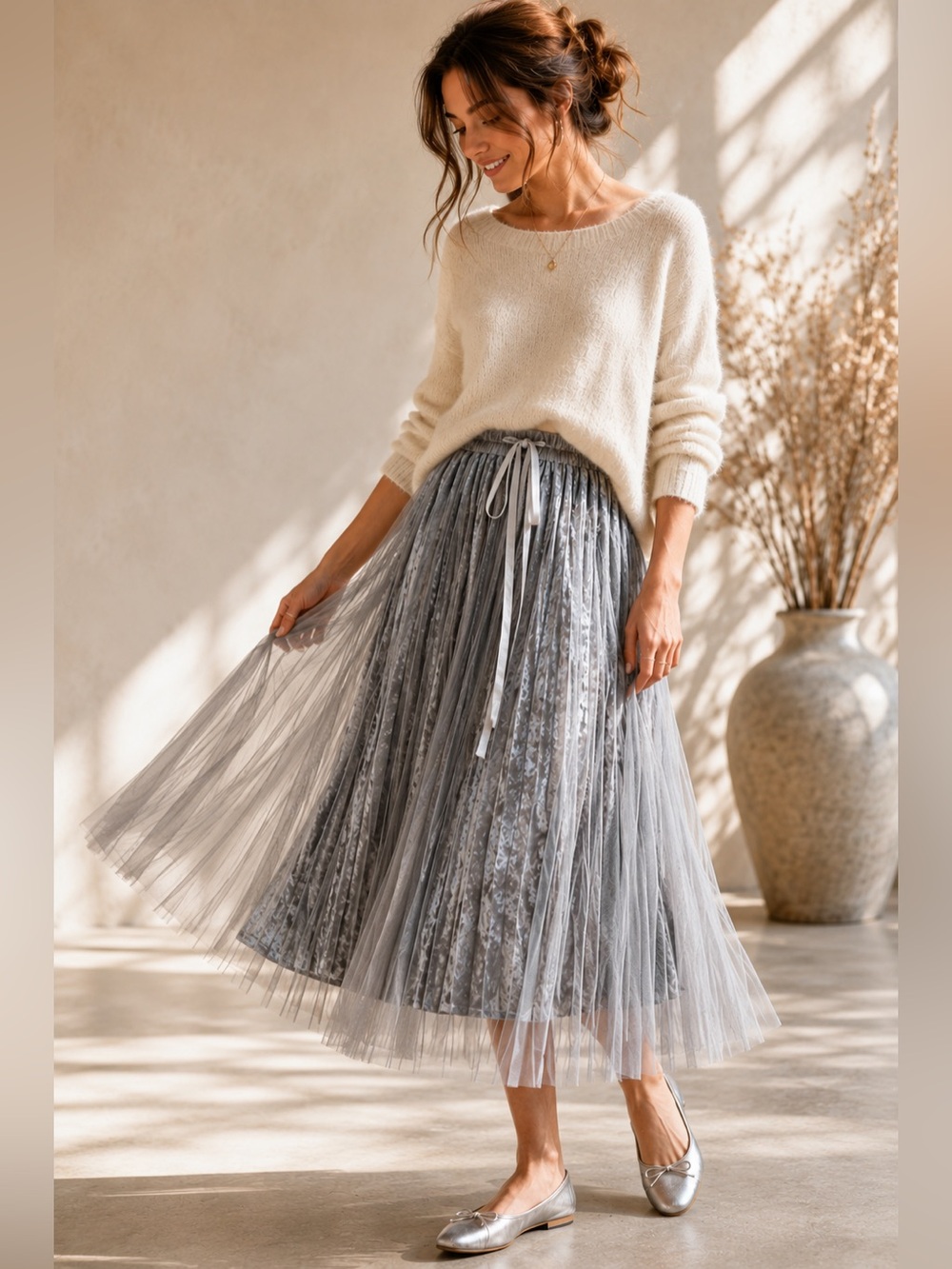 RAGA Silver Gray Crushed Velvet Tulle Pleated Midi Skirt NWT XS #1142A